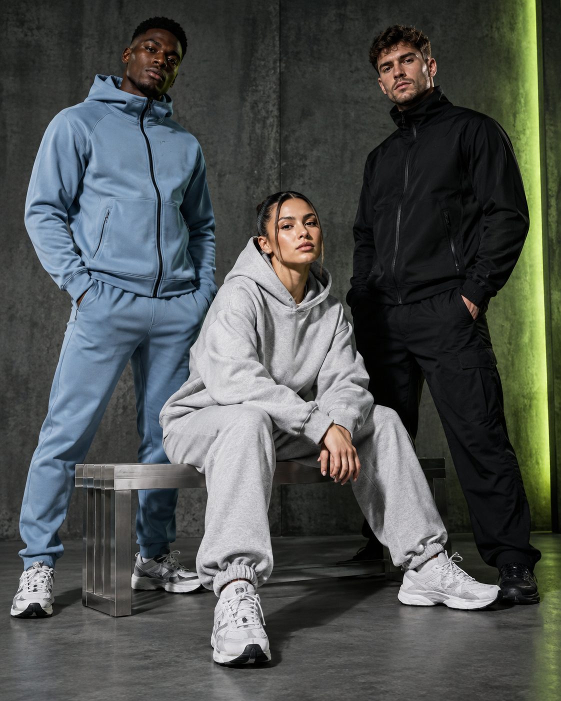 Three models in sportswear in a charcoal studio